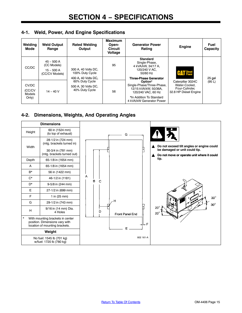 Section 4 − specifications, 1. weld, power, and engine specifications, 2. dimensions, weights, and operating angles | Miller Electric Big 40 CAT User Manual | Page 21 / 92