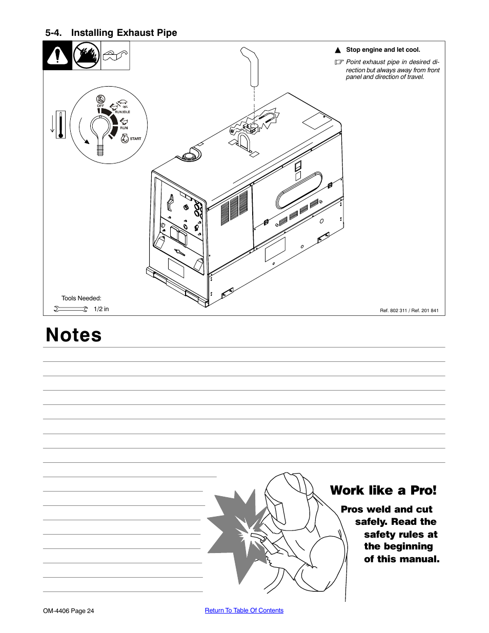 4. installing exhaust pipe, Work like a pro | Miller Electric Big 40 CAT User Manual | Page 30 / 92