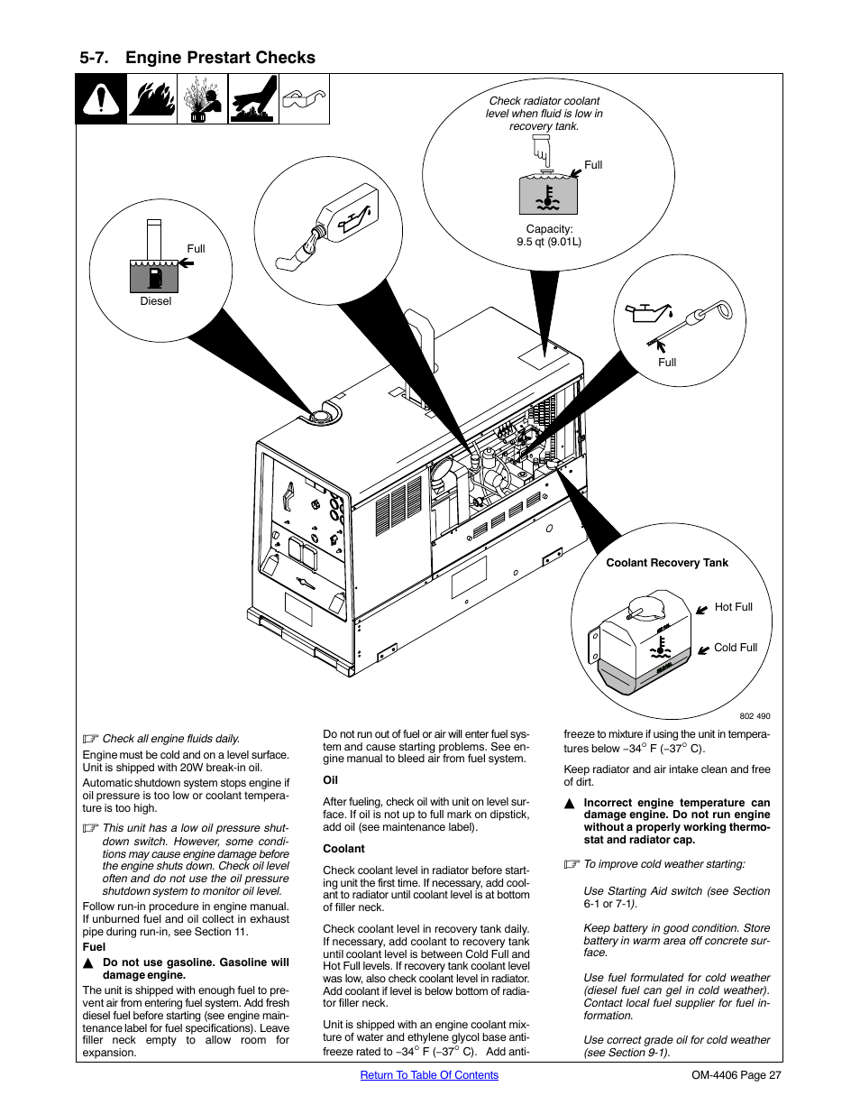 7. engine prestart checks | Miller Electric Big 40 CAT User Manual | Page 33 / 92