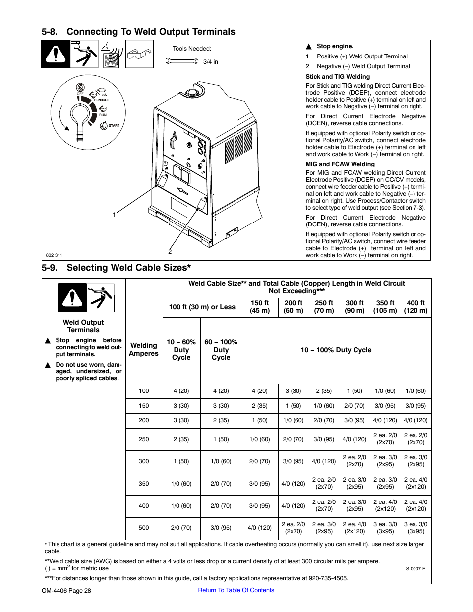 8. connecting to weld output terminals, 9. selecting weld cable sizes | Miller Electric Big 40 CAT User Manual | Page 34 / 92