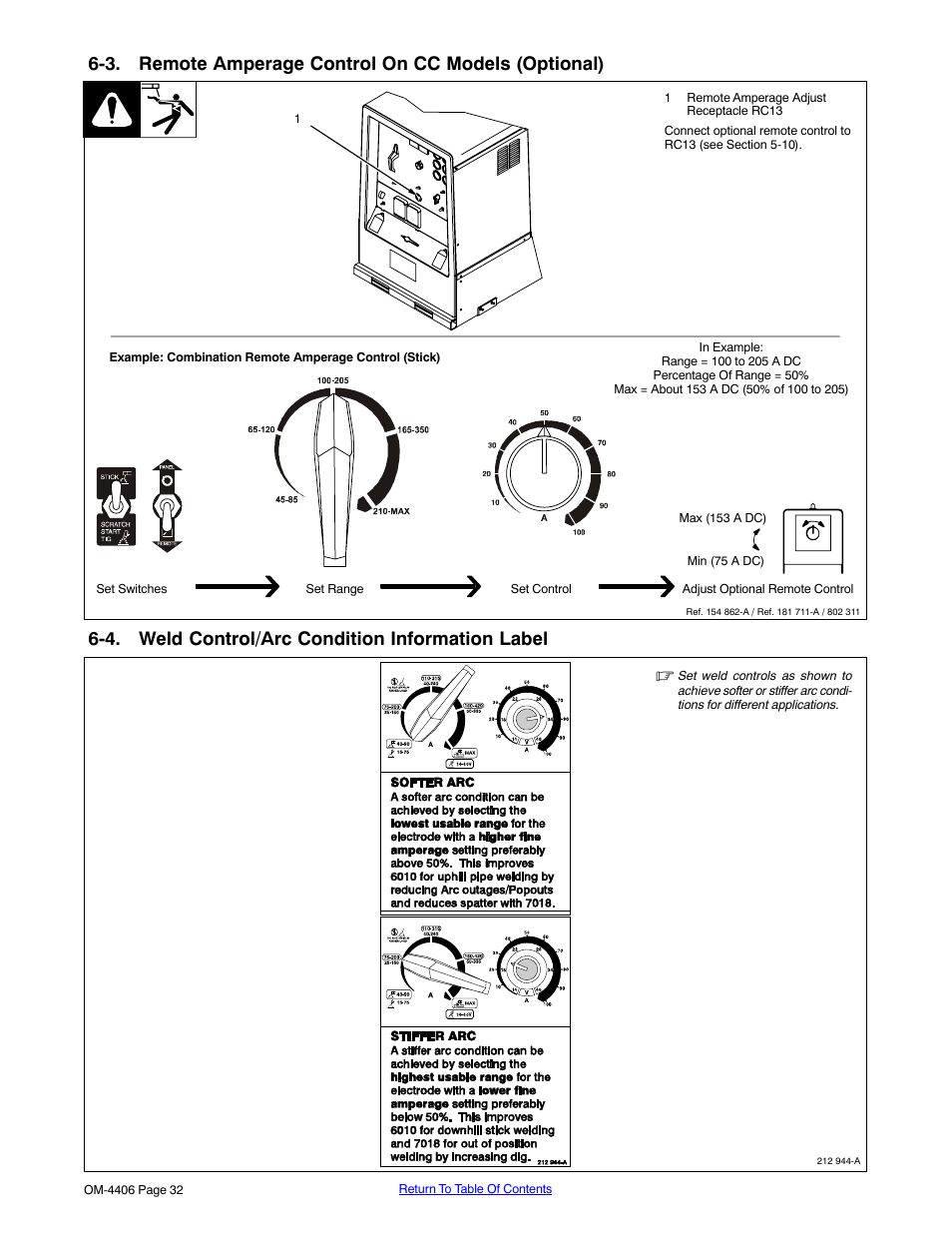 3. remote amperage control on cc models (optional), 4. weld control/arc condition information label, And 6-3) | Miller Electric Big 40 CAT User Manual | Page 38 / 92