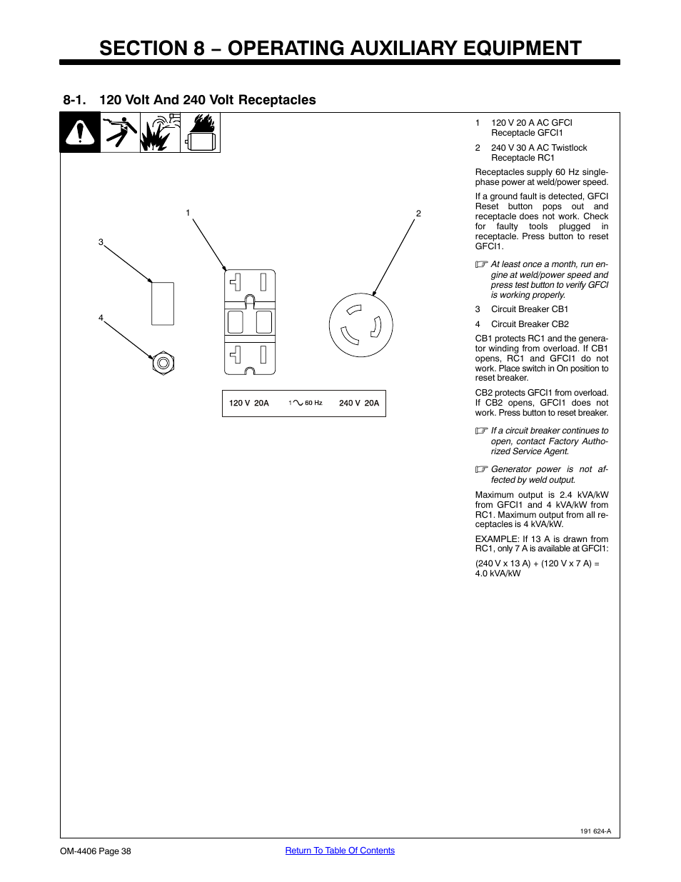 Section 8 − operating auxiliary equipment, 1. 120 volt and 240 volt receptacles | Miller Electric Big 40 CAT User Manual | Page 44 / 92