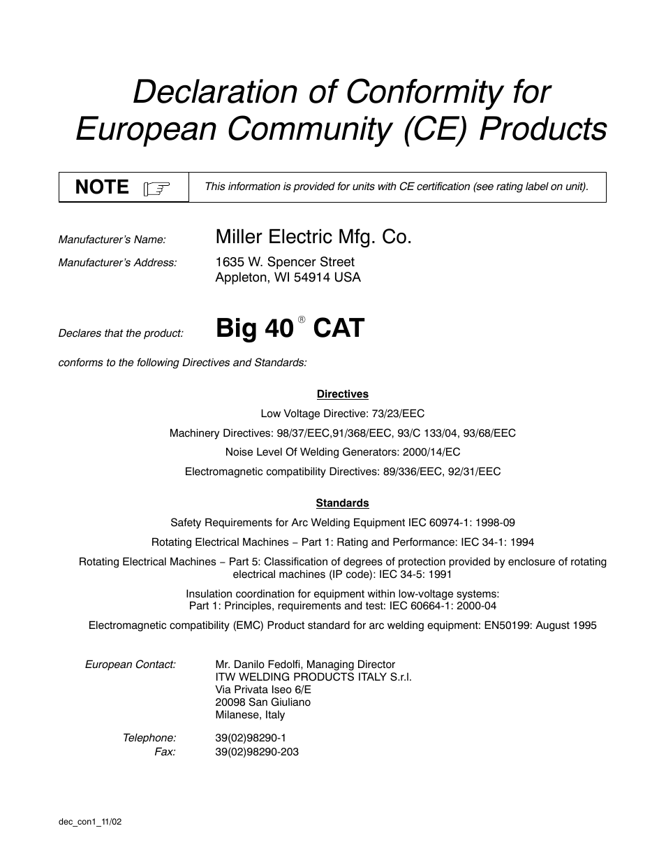 Big 40, Miller electric mfg. co | Miller Electric Big 40 CAT User Manual | Page 5 / 92