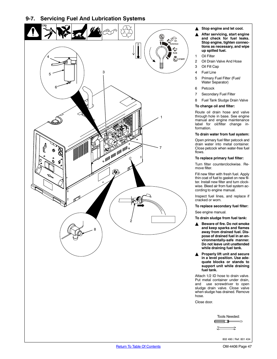 7. servicing fuel and lubrication systems, Section 9-7, See section 9-7 | Miller Electric Big 40 CAT User Manual | Page 53 / 92