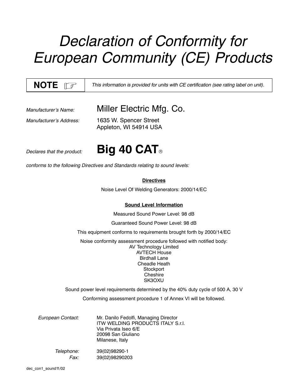 Big 40 cat, Miller electric mfg. co | Miller Electric Big 40 CAT User Manual | Page 6 / 92