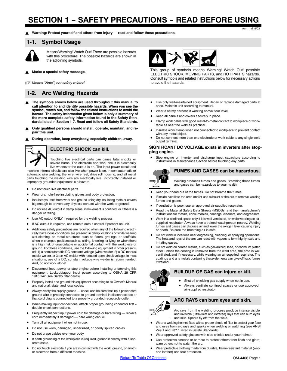 Section 1 − safety precautions − read before using, 1. symbol usage, 2. arc welding hazards | Electric shock can kill, Fumes and gases can be hazardous, Buildup of gas can injure or kill, Arc rays can burn eyes and skin | Miller Electric Big 40 CAT User Manual | Page 7 / 92