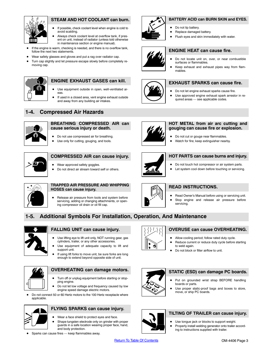 4. compressed air hazards, Steam and hot coolant can burn, Engine exhaust gases can kill | Engine heat can cause fire, Exhaust sparks can cause fire, Compressed air can cause injury, Read instructions, Falling unit can cause injury, Overheating can damage motors, Flying sparks can cause injury | Miller Electric Big 40 CAT User Manual | Page 9 / 92