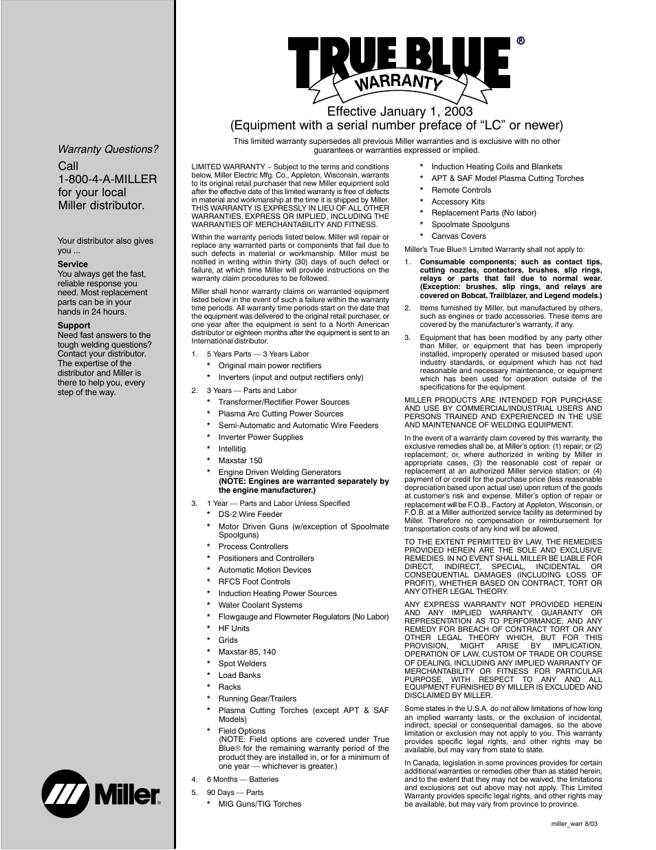 Warranty questions | Miller Electric Big 40 CAT User Manual | Page 91 / 92