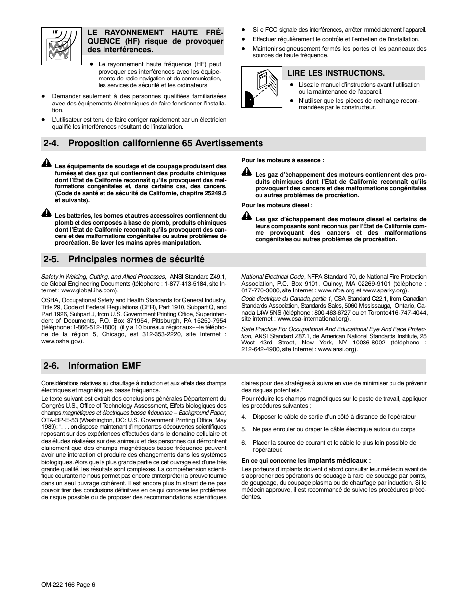 4. proposition californienne 65 avertissements, 5. principales normes de sécurité, 6. information emf | Miller Electric ProHeat 35 User Manual | Page 12 / 72