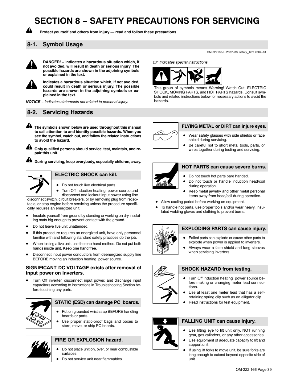 Section 8 − safety precautions for servicing, 1. symbol usage, 2. servicing hazards | Miller Electric ProHeat 35 User Manual | Page 45 / 72