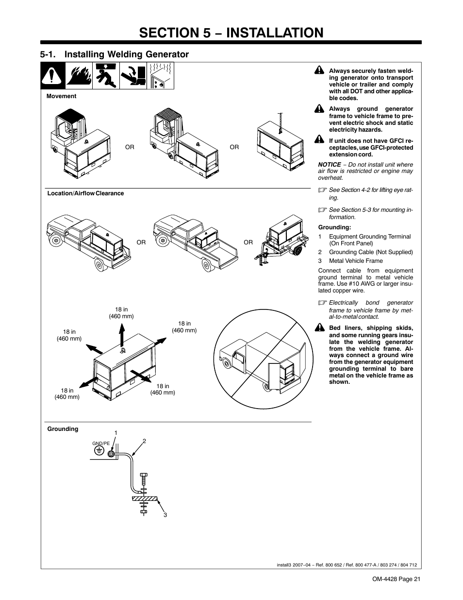 Section 5 − installation, 1. installing welding generator | Miller Electric 600 X User Manual | Page 25 / 108