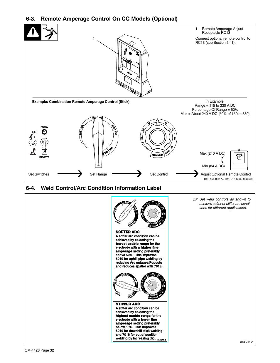 3. remote amperage control on cc models (optional), 4. weld control/arc condition information label, And 6-3 | Miller Electric 600 X User Manual | Page 36 / 108