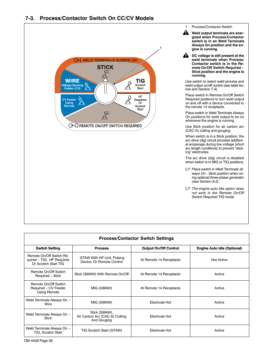 3. process/contactor switch on cc/cv models, Section 7-3 | Miller Electric 600 X User Manual | Page 40 / 108