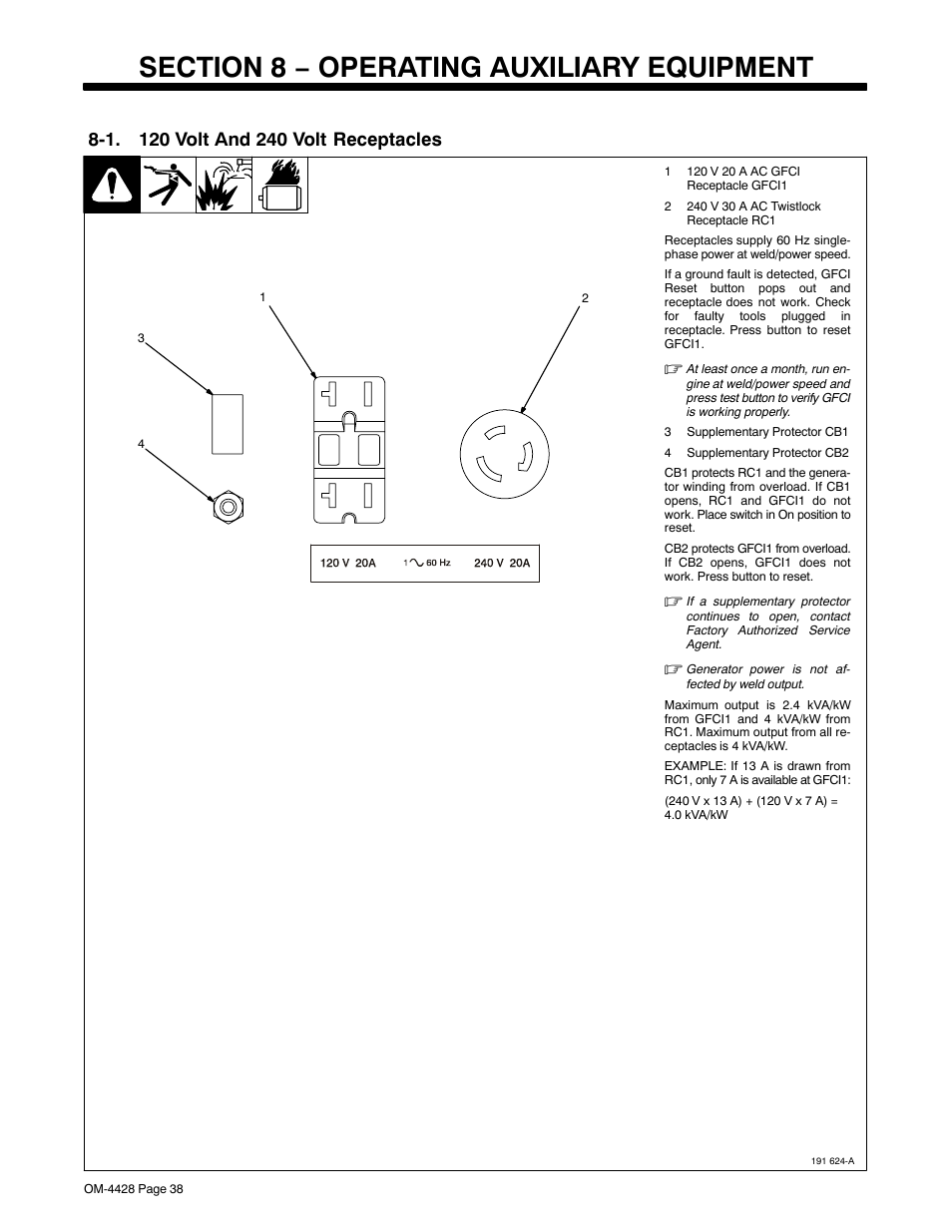 Section 8 − operating auxiliary equipment, 1. 120 volt and 240 volt receptacles | Miller Electric 600 X User Manual | Page 42 / 108