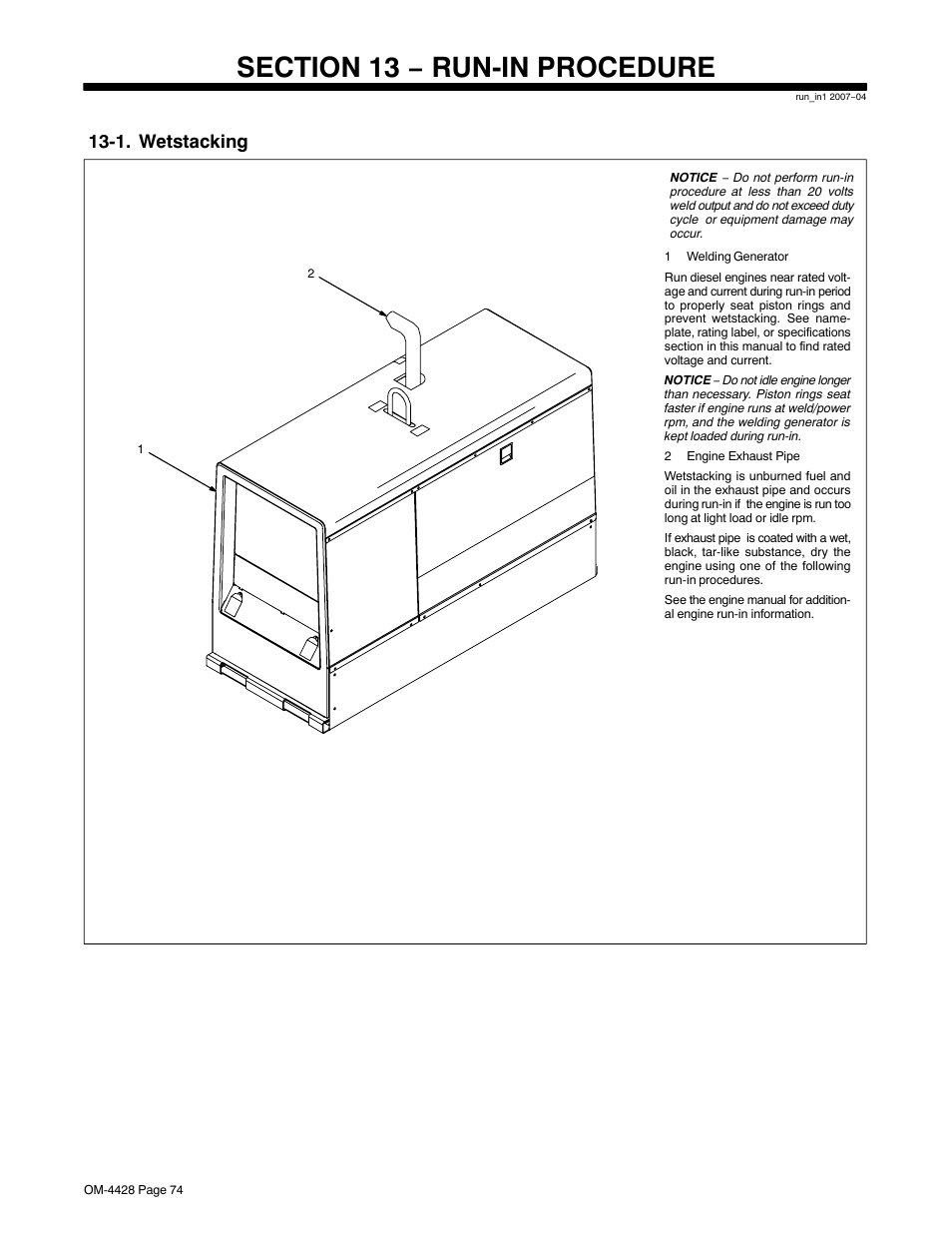 Section 13 − run-in procedure, 1. wetstacking, During run-in, see section 13 | Miller Electric 600 X User Manual | Page 78 / 108