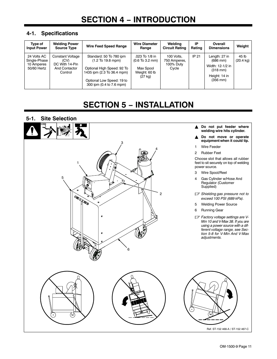 Section 4 − introduction, 1. specifications, Section 5 − installation | 1. site selection | Miller Electric S-74DX User Manual | Page 15 / 44