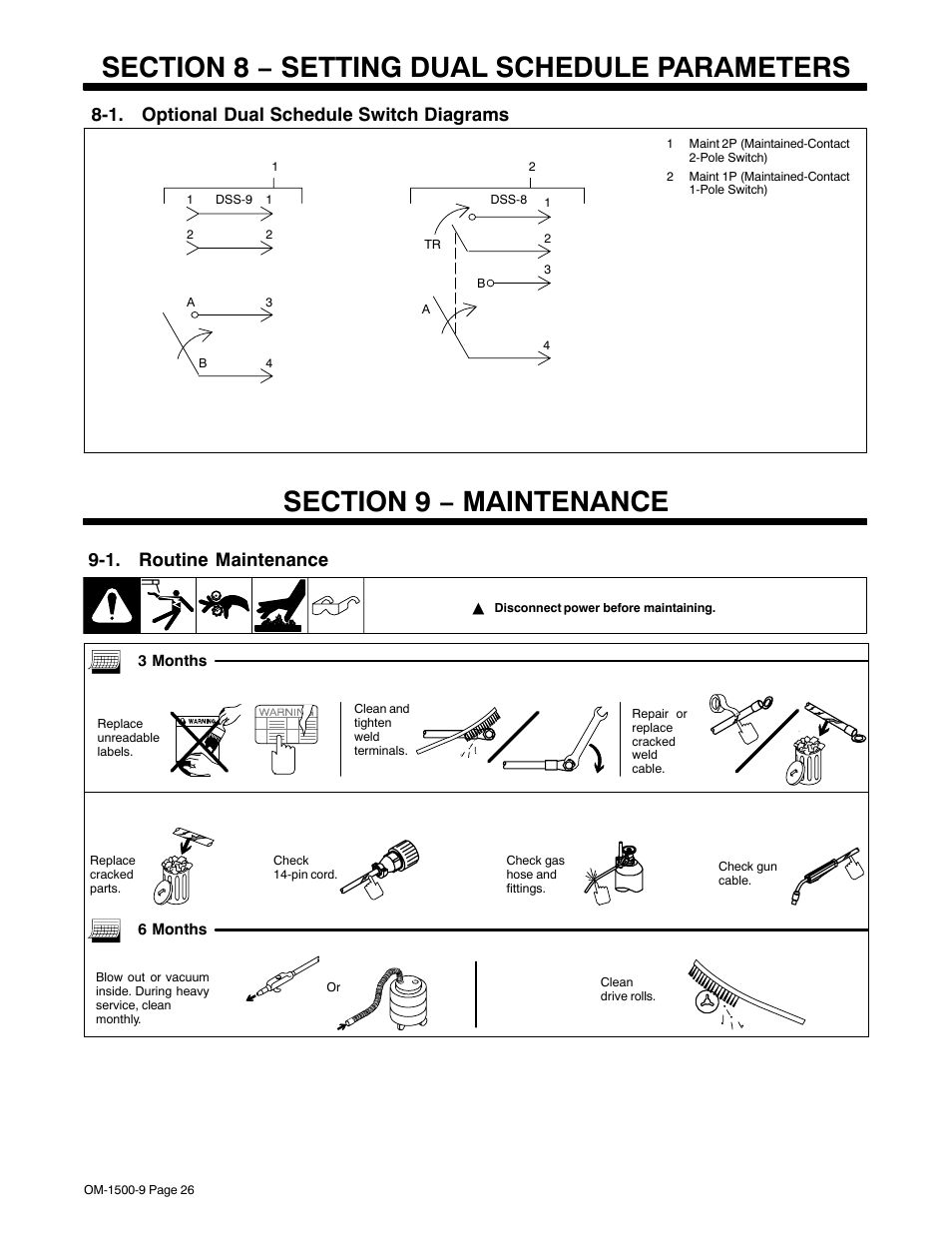 Section 8 − setting dual schedule parameters, 1. optional dual schedule switch diagrams, Section 9 − maintenance | 1. routine maintenance | Miller Electric S-74DX User Manual | Page 30 / 44