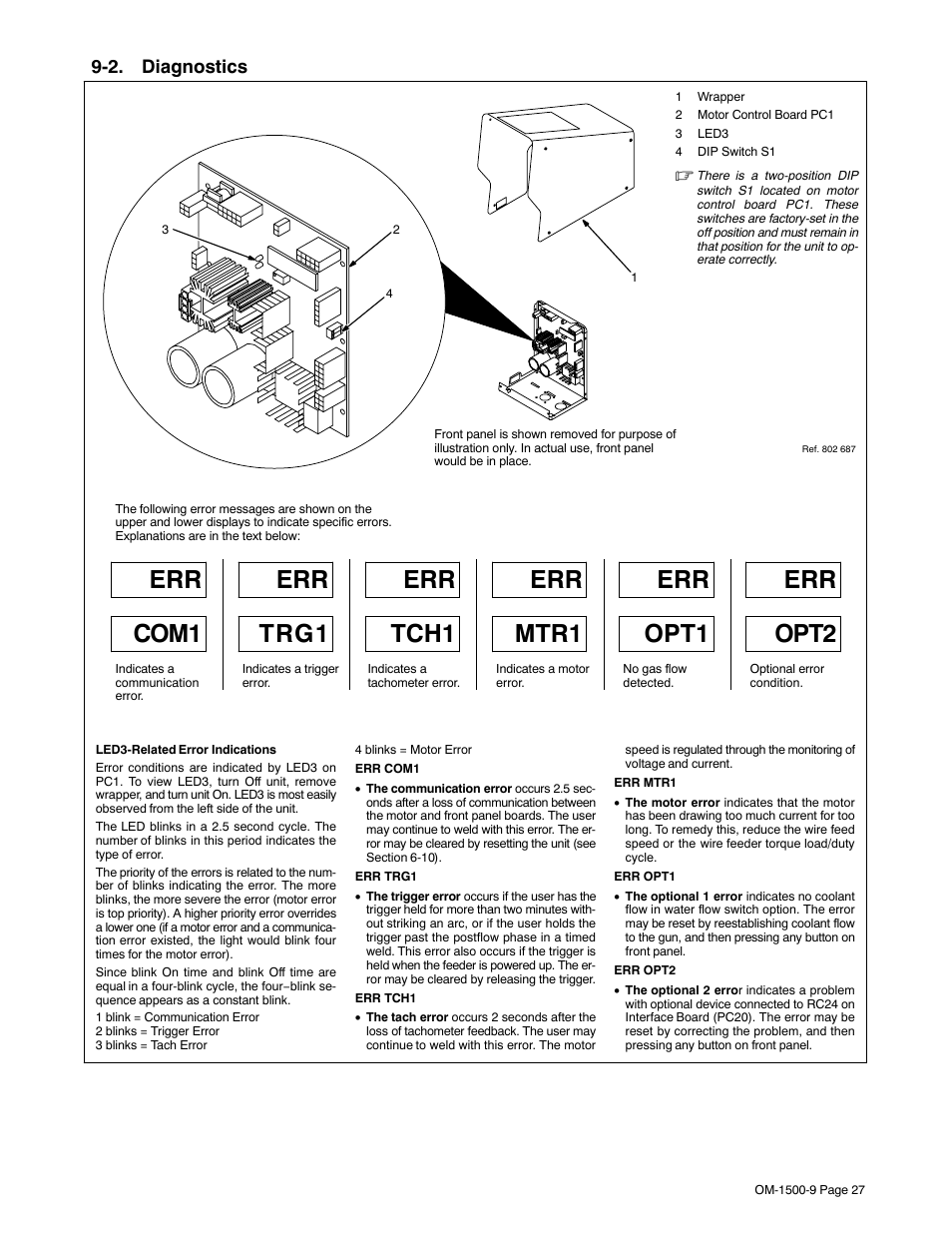 2. diagnostics, Err com1 err trg1 err tch1 err mtr1, Err opt1 err opt2 | Miller Electric S-74DX User Manual | Page 31 / 44