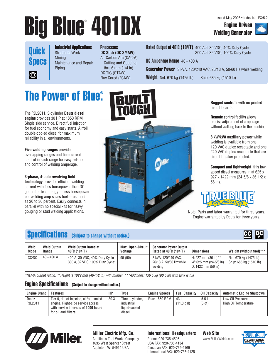 Miller Electric Big Blue 401DX CC User Manual | 4 pages