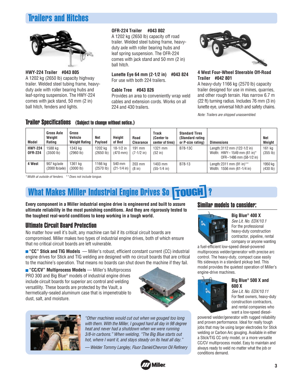 Trailers and hitches, What makes miller industrial engine drives so, Trailer specifications | Ultimate circuit board protection, Similar models to consider, Subject to change without notice.) | Miller Electric Big Blue 401DX CC User Manual | Page 3 / 4