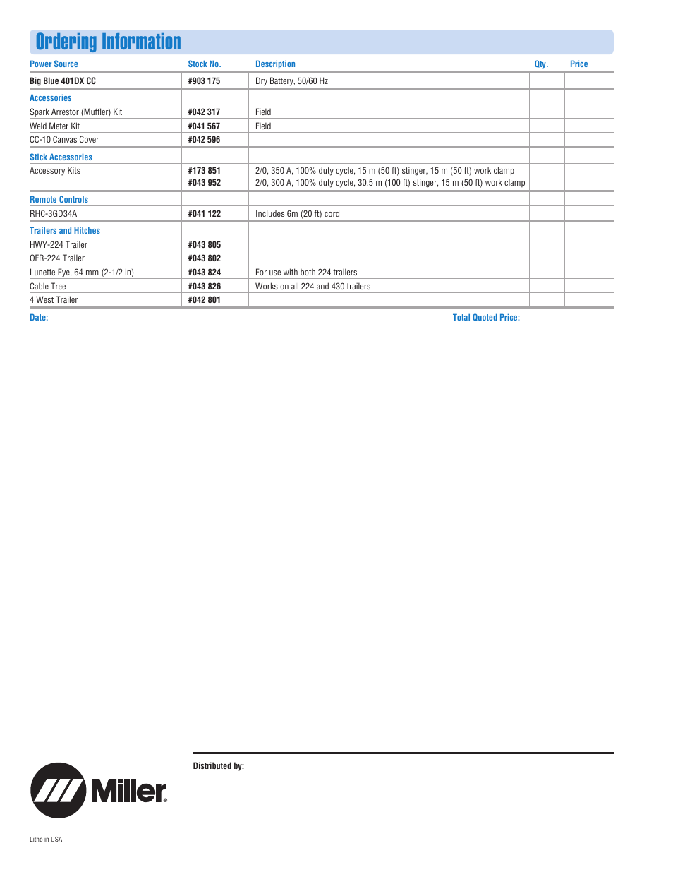 Ordering information | Miller Electric Big Blue 401DX CC User Manual | Page 4 / 4