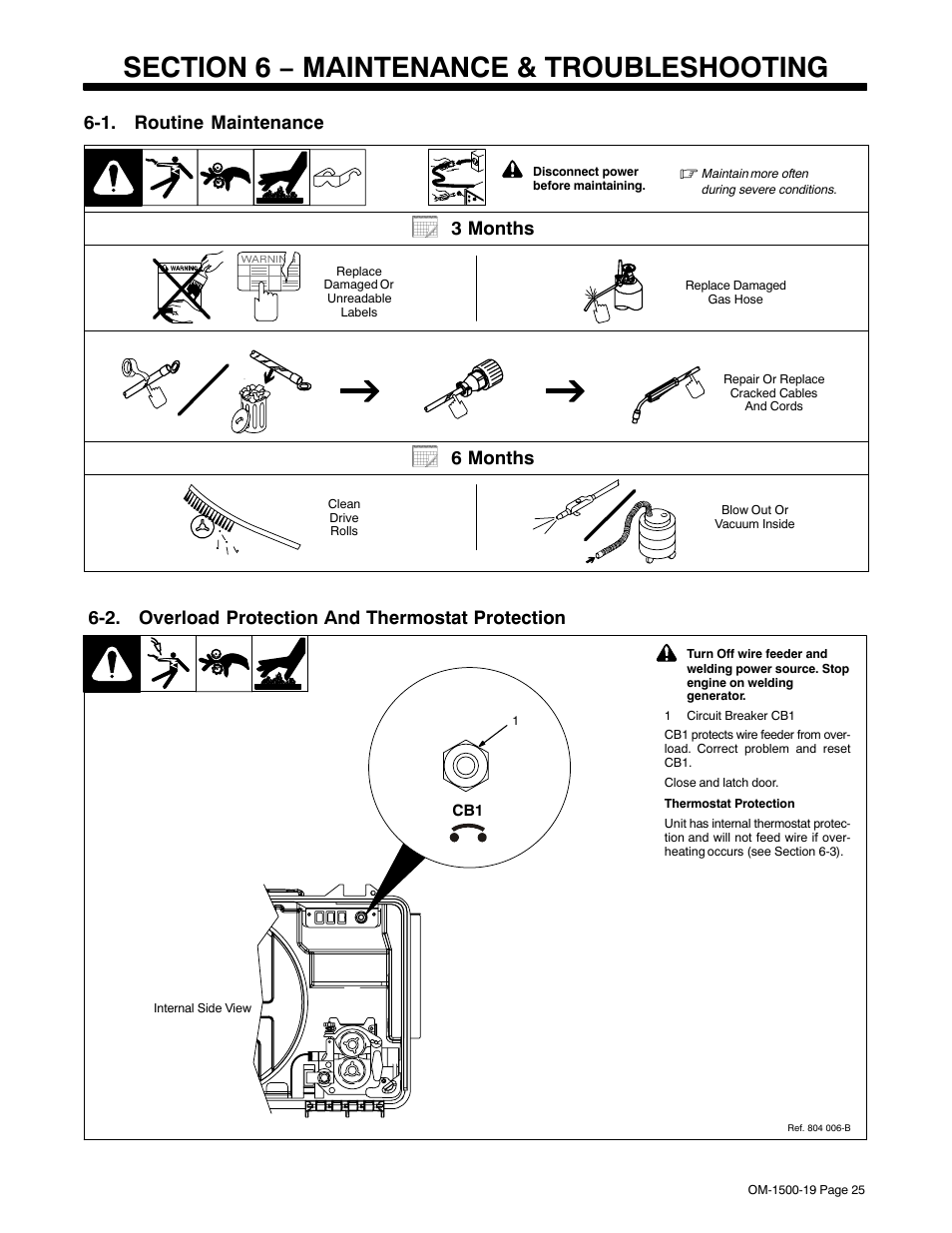 Section 6 − maintenance & troubleshooting, 1. routine maintenance, 2. overload protection and thermostat protection | 3 months, 6 months | Miller Electric 12VS User Manual | Page 29 / 44