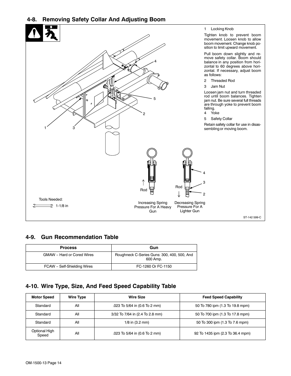 8. removing safety collar and adjusting boom, 9. gun recommendation table | Miller Electric and DS-74D16 User Manual | Page 18 / 44