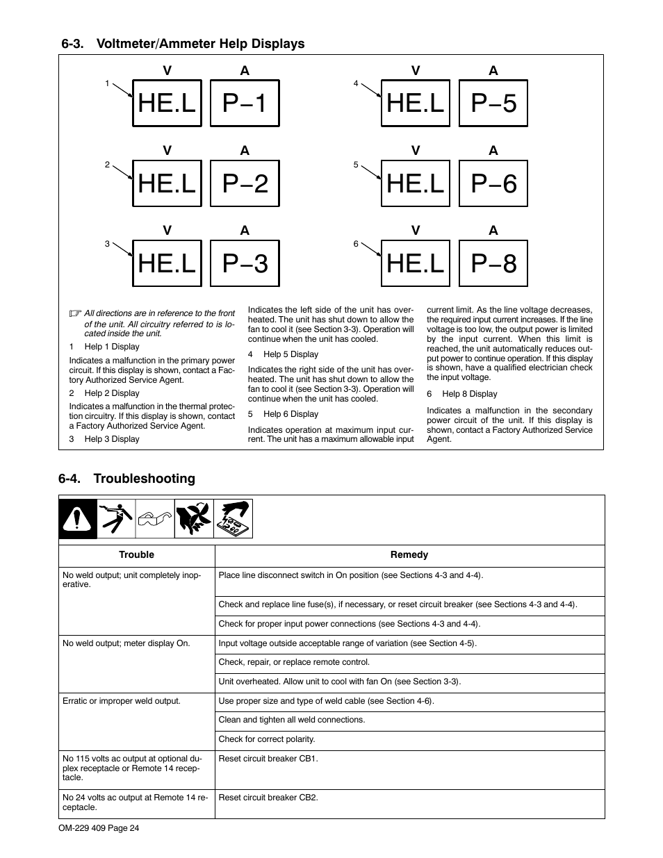 3. voltmeter/ammeter help displays, 4. troubleshooting, He.l p−1 he.l p−2 | He.l p−3, He.l p−5 he.l p−6, He.l p−8 | Miller Electric EXTREME 360 User Manual | Page 28 / 40