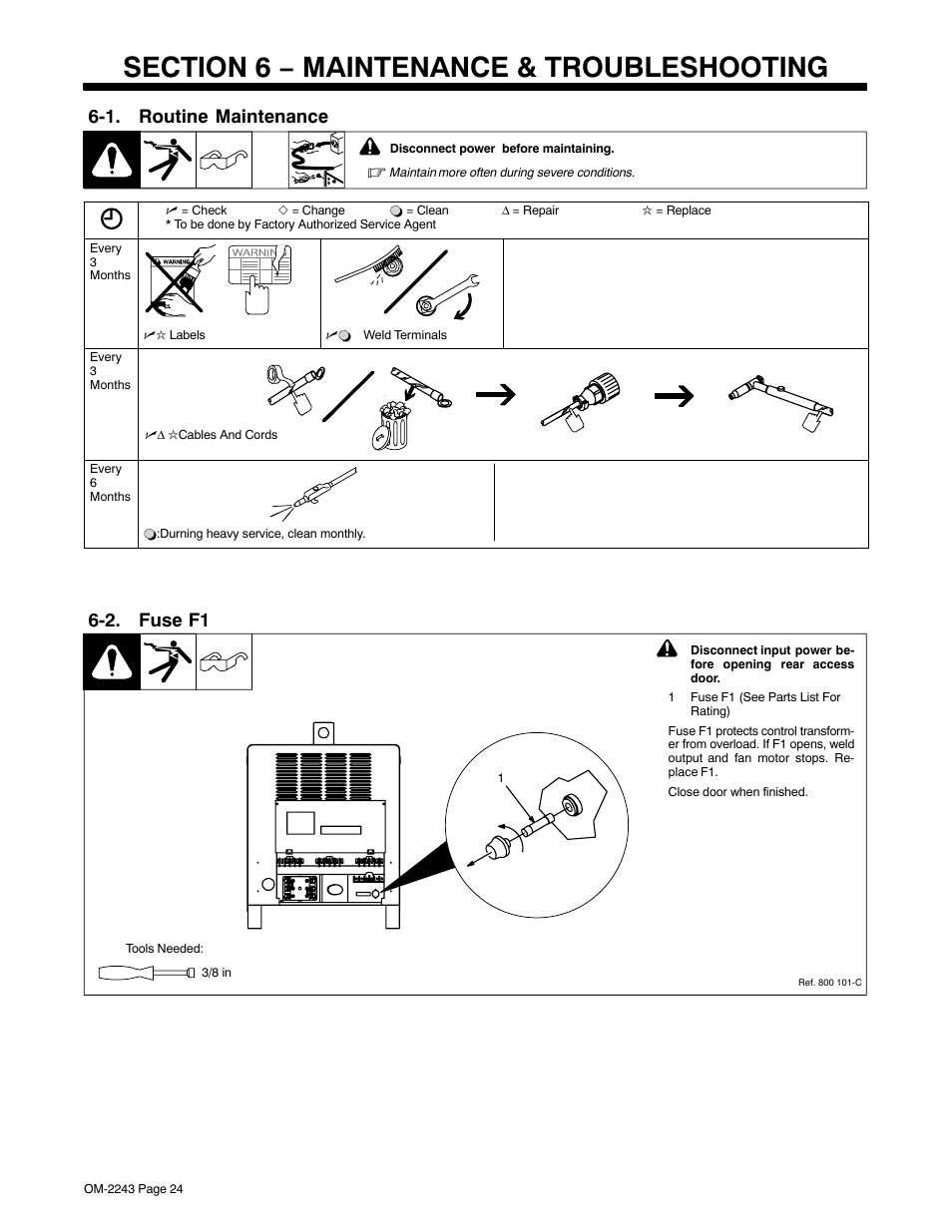 Section 6 − maintenance & troubleshooting, 1. routine maintenance, 2. fuse f1 | Miller Electric NT 456 CC User Manual | Page 28 / 40