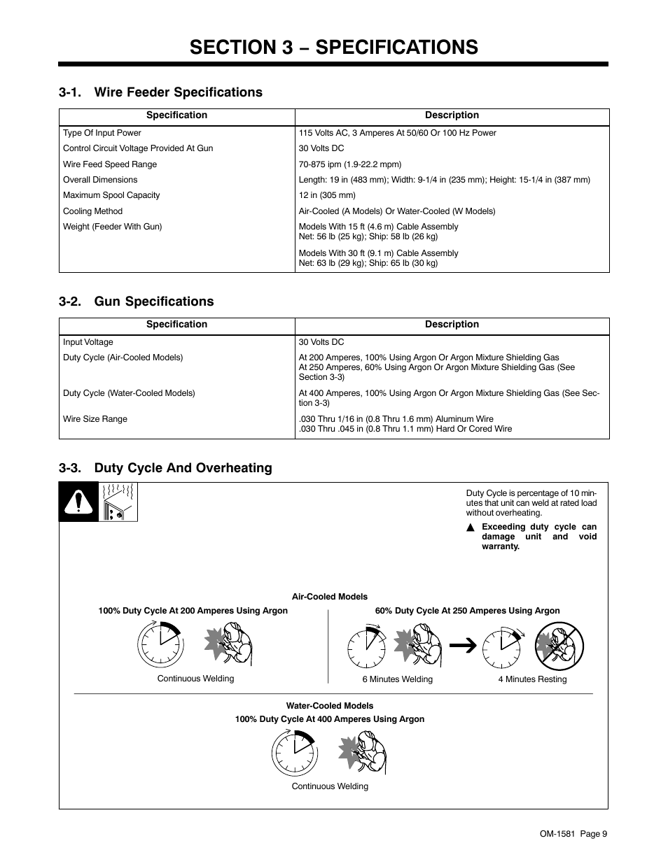 Section 3 − specifications, 1. wire feeder specifications, 2. gun specifications | 3. duty cycle and overheating | Miller Electric XR A User Manual | Page 13 / 60