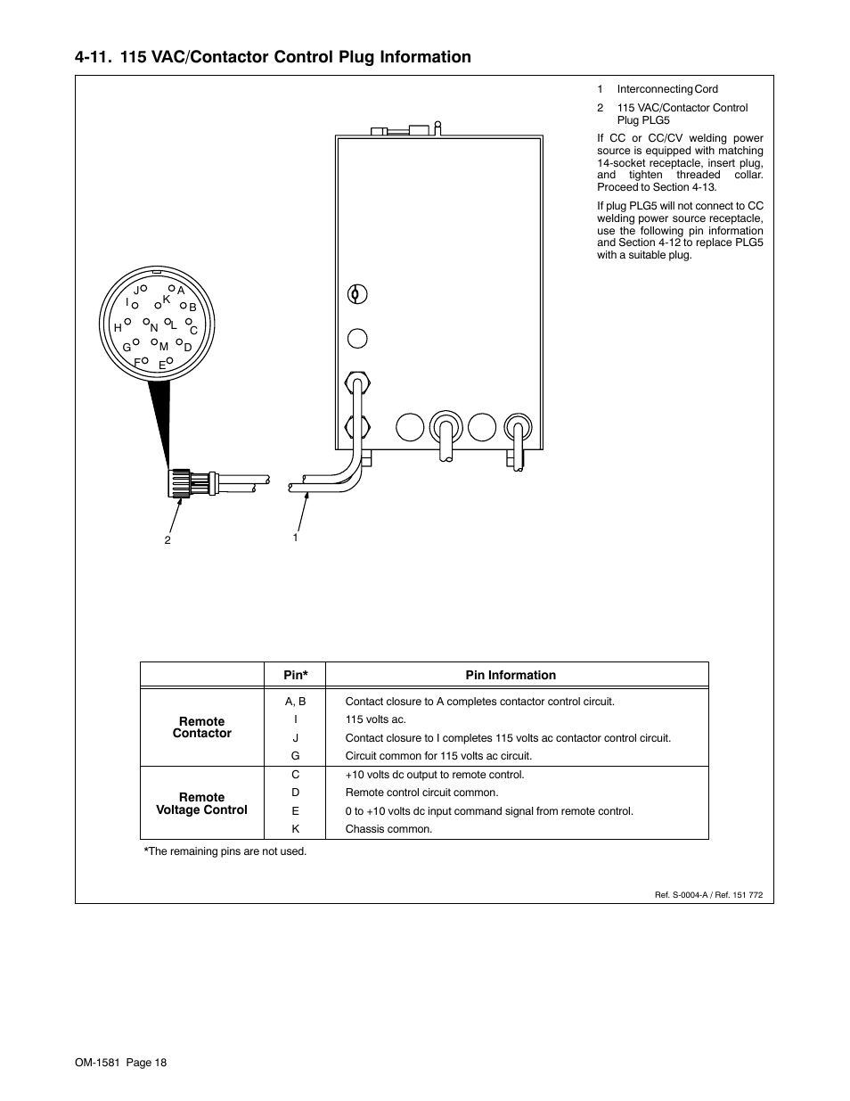 11. 115 vac/contactor control plug information | Miller Electric XR A User Manual | Page 22 / 60