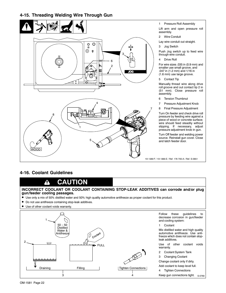 15. threading welding wire through gun, 16. coolant guidelines, Caution | Miller Electric XR A User Manual | Page 26 / 60