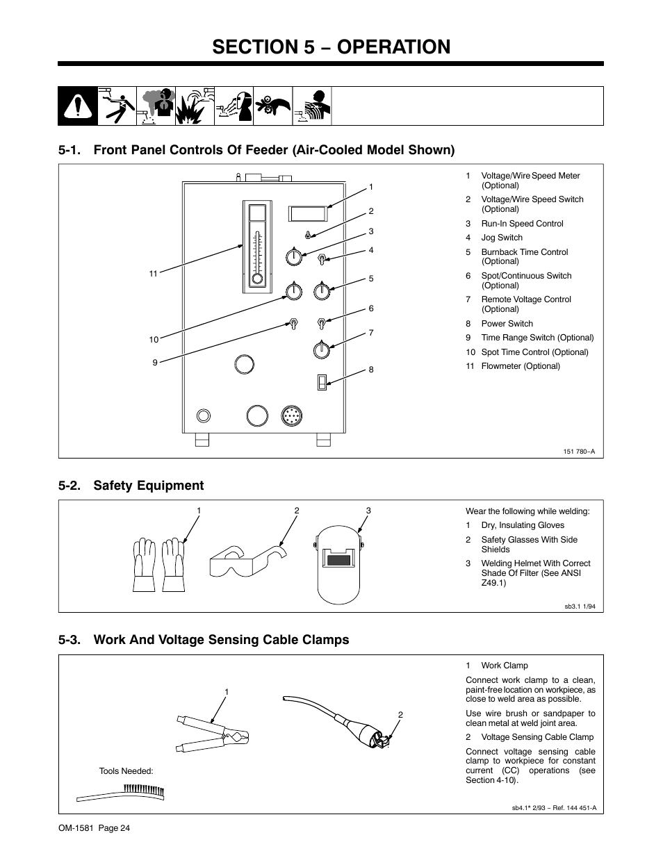 Section 5 − operation, 2. safety equipment, 3. work and voltage sensing cable clamps | Miller Electric XR A User Manual | Page 28 / 60