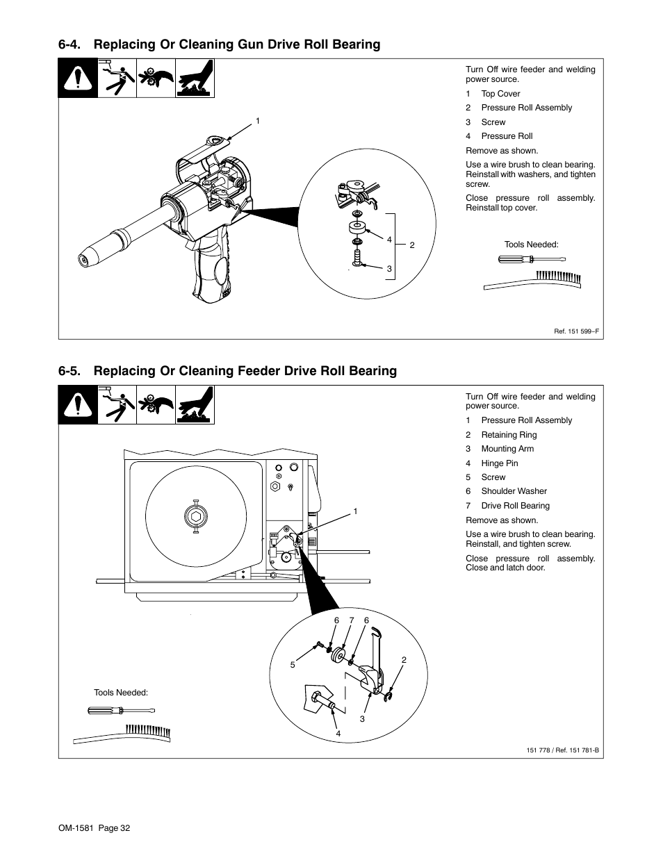 4. replacing or cleaning gun drive roll bearing, 5. replacing or cleaning feeder drive roll bearing | Miller Electric XR A User Manual | Page 36 / 60