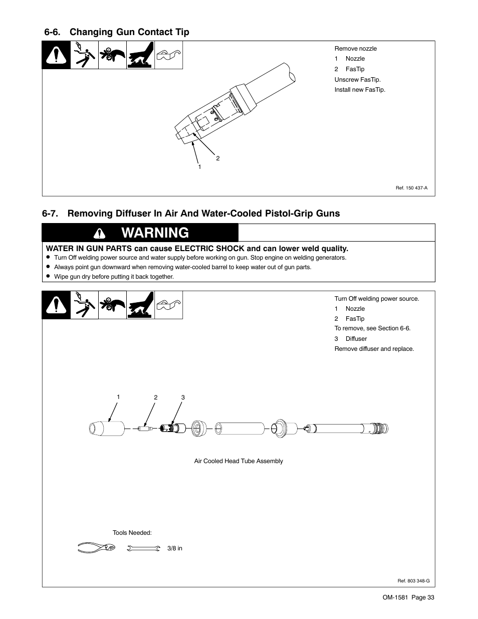 6. changing gun contact tip, Warning | Miller Electric XR A User Manual | Page 37 / 60