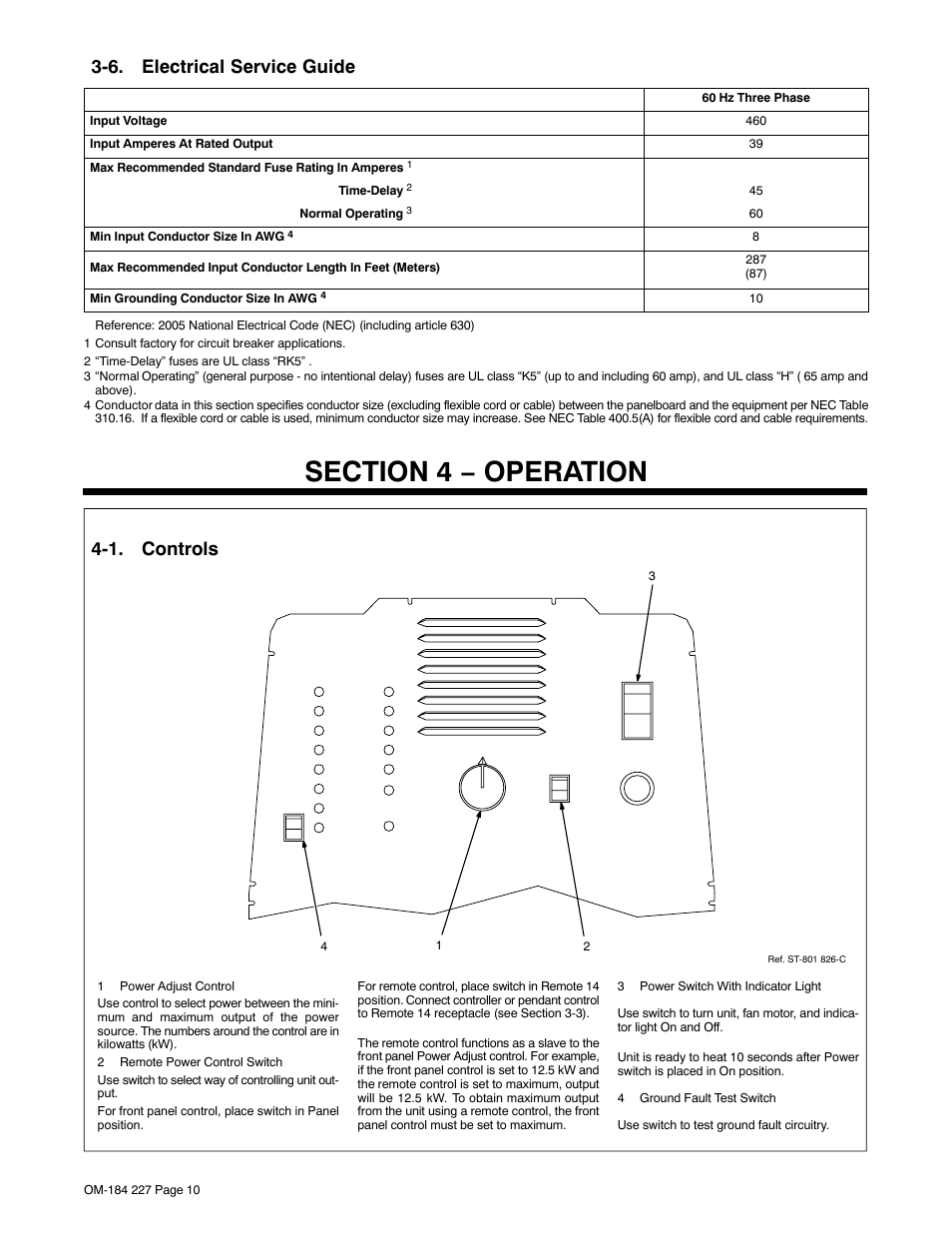 6. electrical service guide, Section 4 − operation, 1. controls | Miller Electric Intellifire 250 User Manual | Page 14 / 32