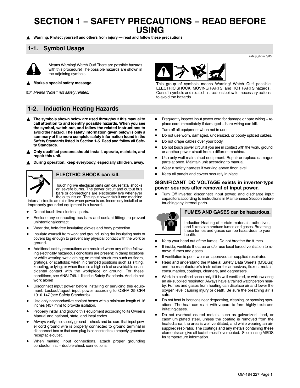 Section 1 − safety precautions − read before using, 1. symbol usage, 2. induction heating hazards | Miller Electric Intellifire 250 User Manual | Page 5 / 32