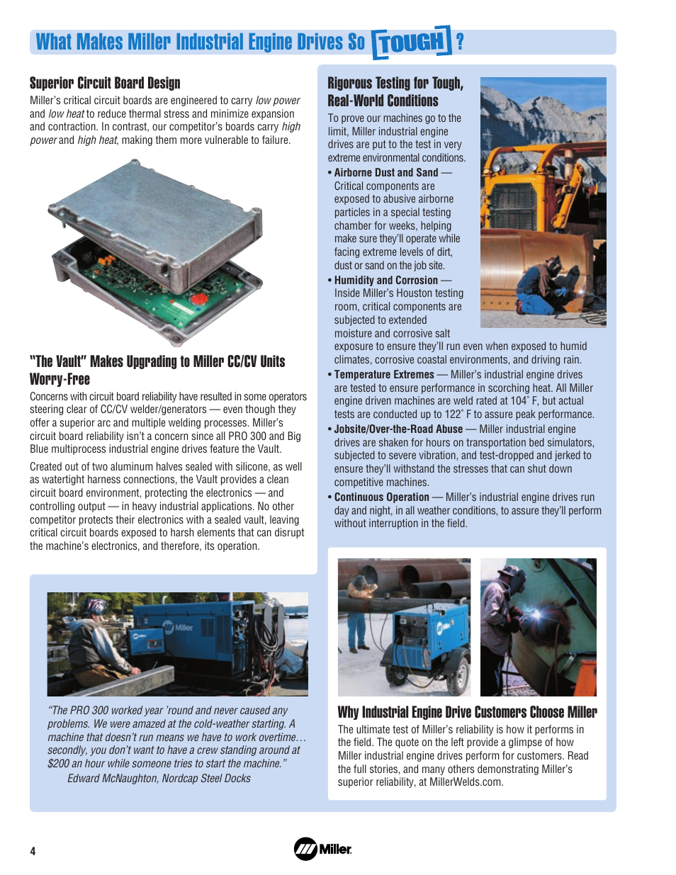 What makes miller industrial engine drives so, Rigorous testing for tough, real-world conditions, Superior circuit board design | Miller Electric PRO 300 User Manual | Page 4 / 8