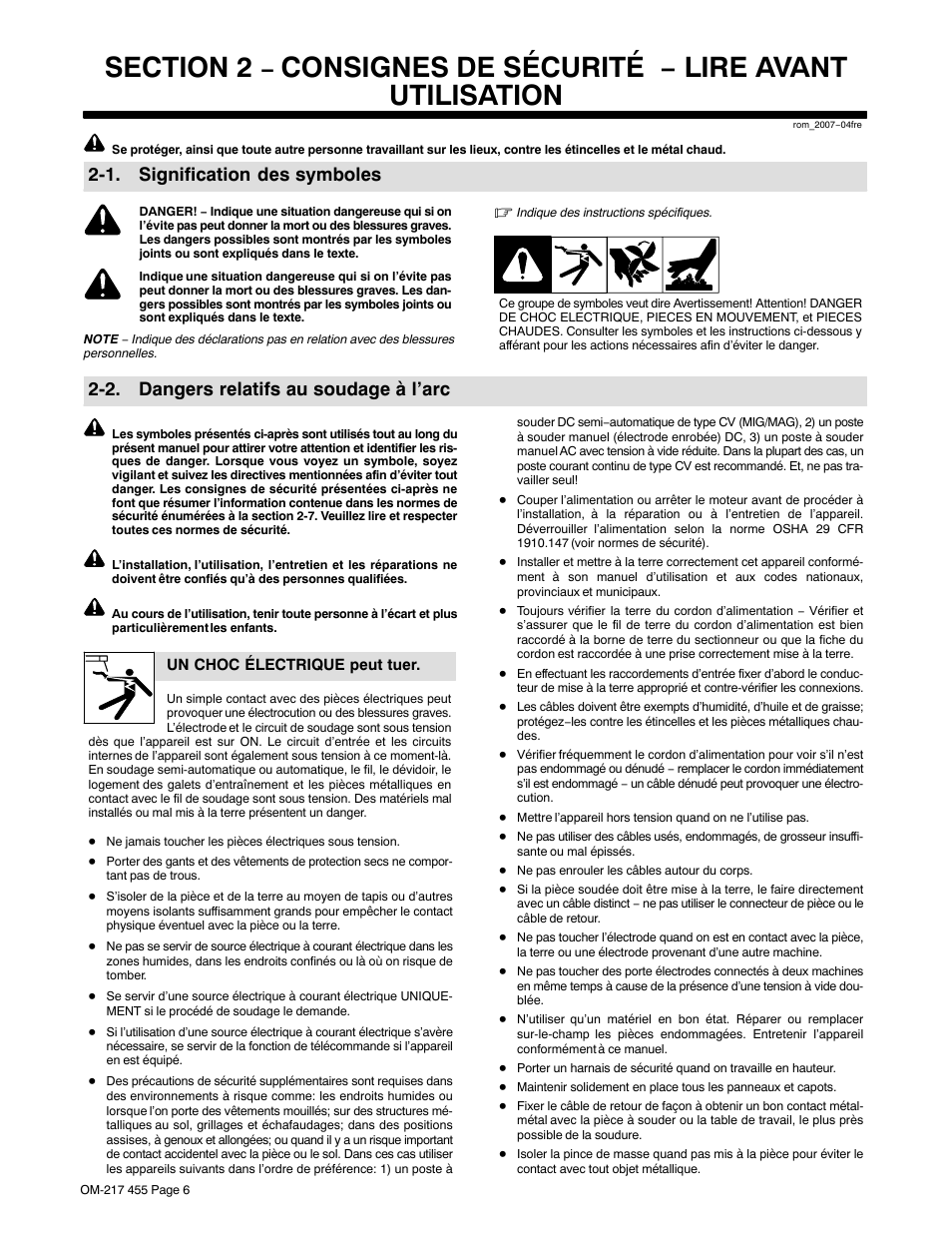 1. signification des symboles, 2. dangers relatifs au soudage à l’arc, Consignes de sécurité − lire avant utilisation | Miller Electric 250 User Manual | Page 10 / 72