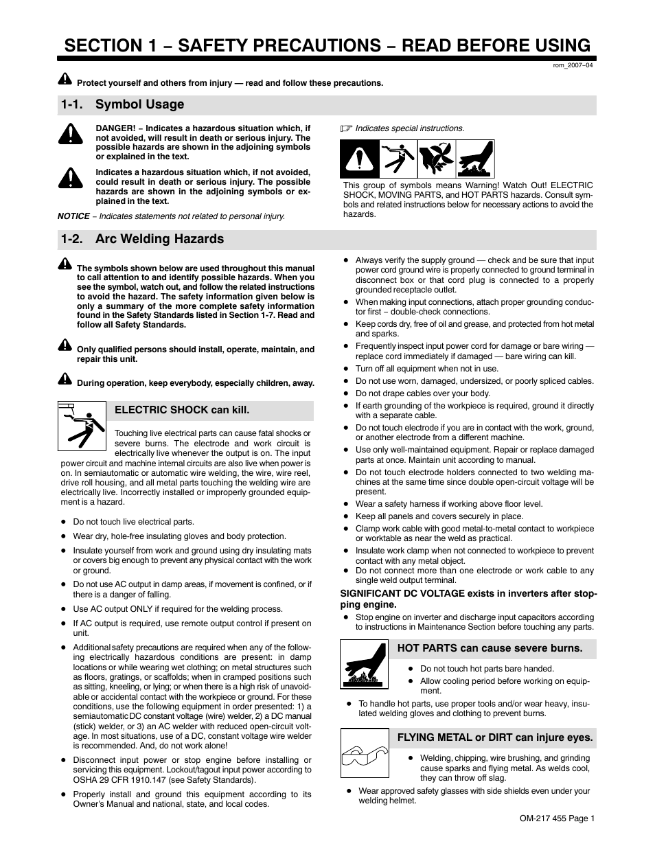 Section 1 − safety precautions − read before using, 1. symbol usage, 2. arc welding hazards | Miller Electric 250 User Manual | Page 5 / 72