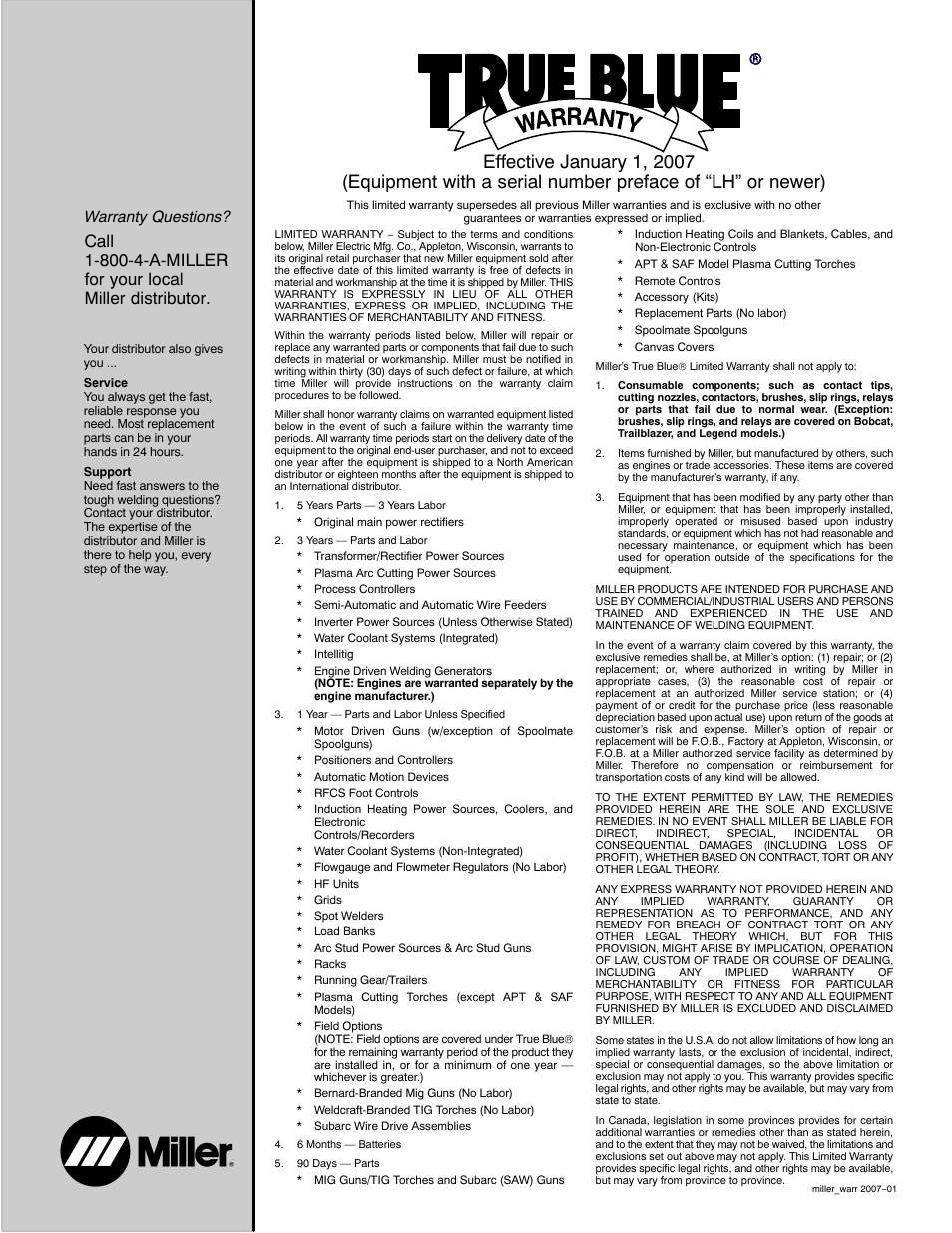 Warranty questions | Miller Electric 250 User Manual | Page 71 / 72