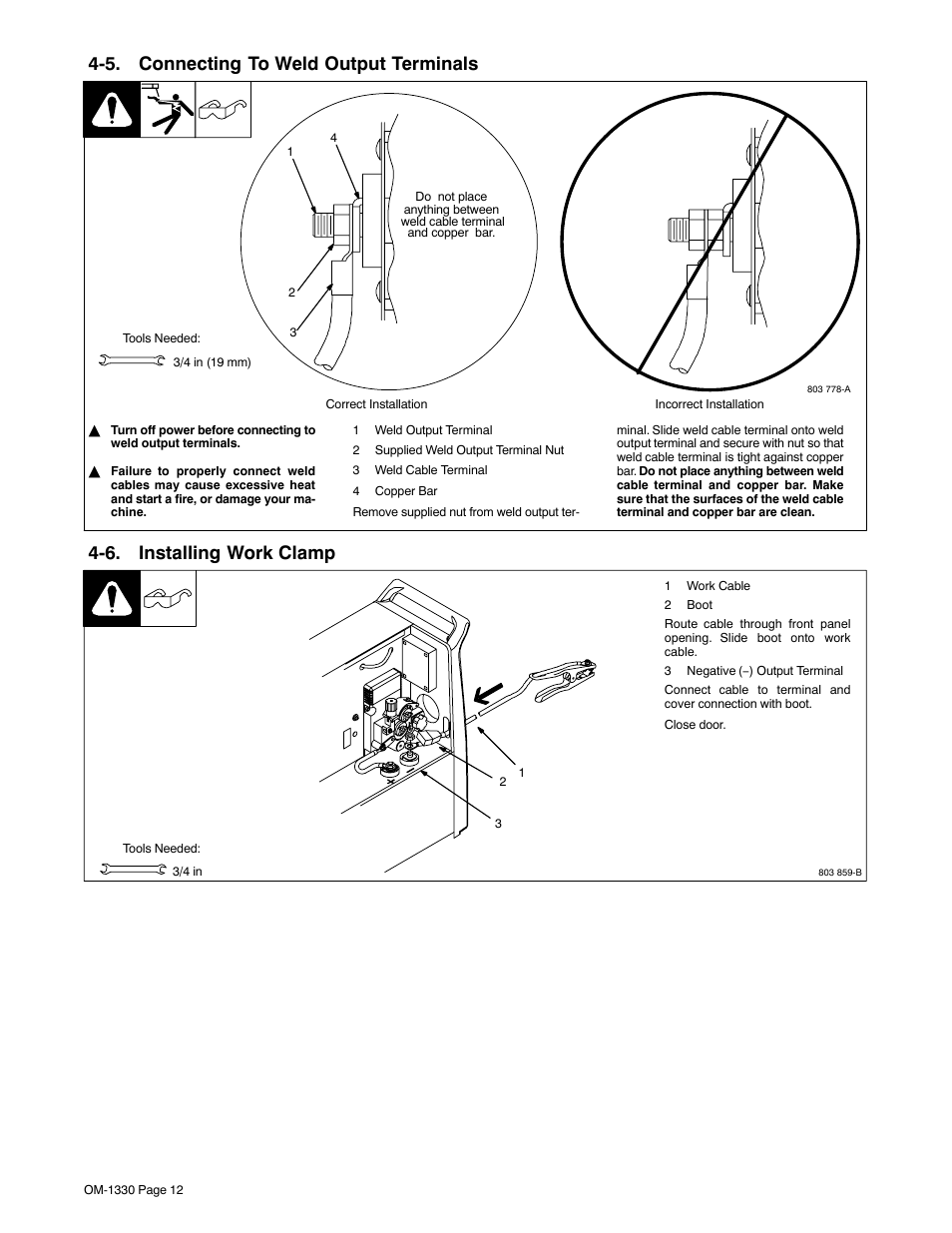 5. connecting to weld output terminals, 6. installing work clamp | Miller Electric M-10 Gun User Manual | Page 16 / 60