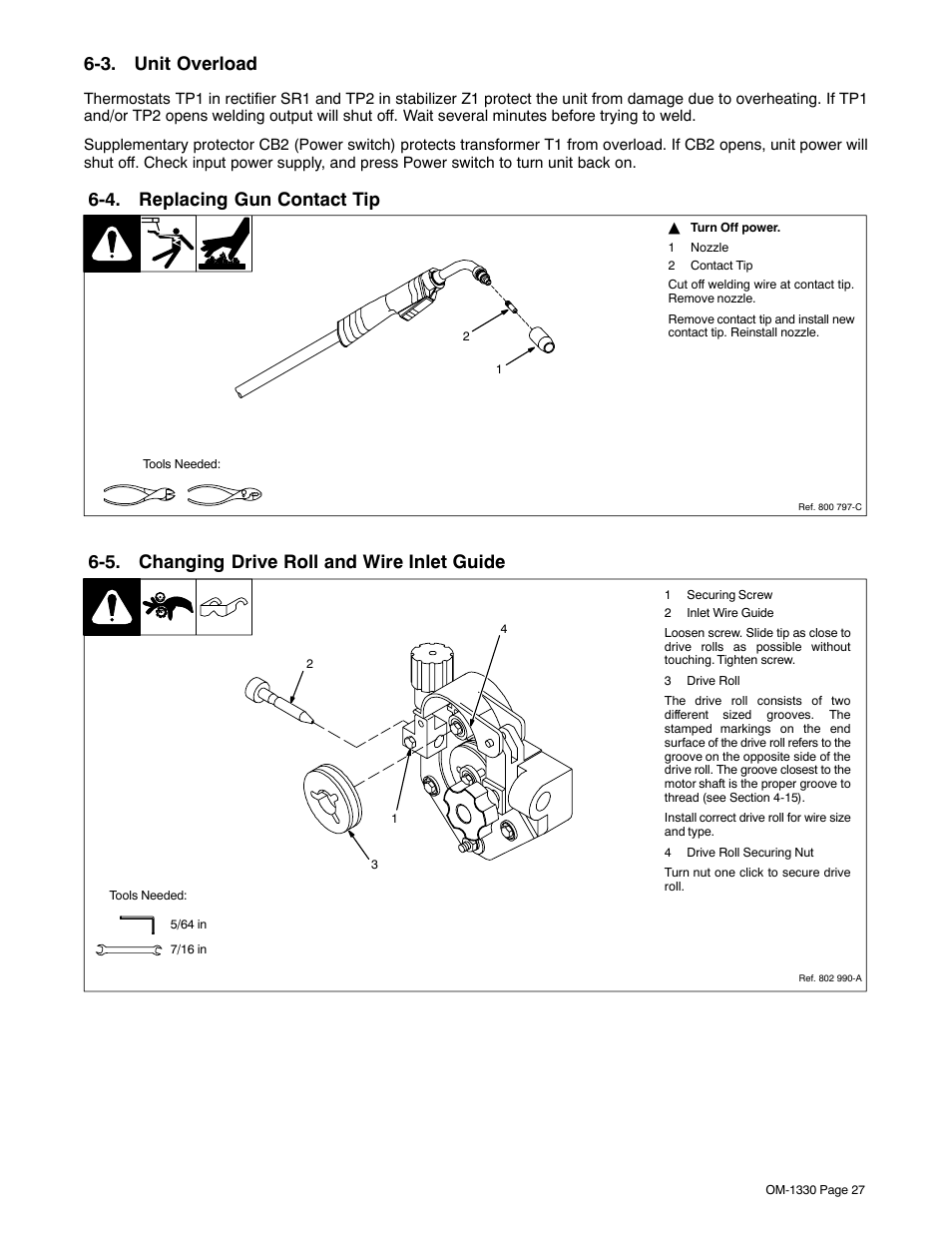 3. unit overload, 4. replacing gun contact tip, 5. changing drive roll and wire inlet guide | Miller Electric M-10 Gun User Manual | Page 31 / 60