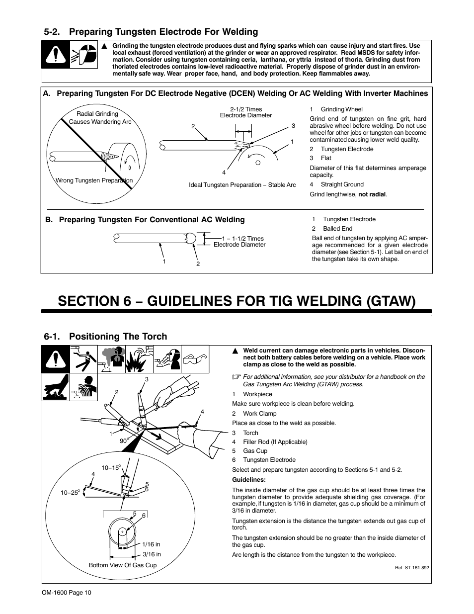 2. preparing tungsten electrode for welding, Section 6 − guidelines for tig welding (gtaw), 1. positioning the torch | Miller Electric DB1712RDI25 User Manual | Page 14 / 24