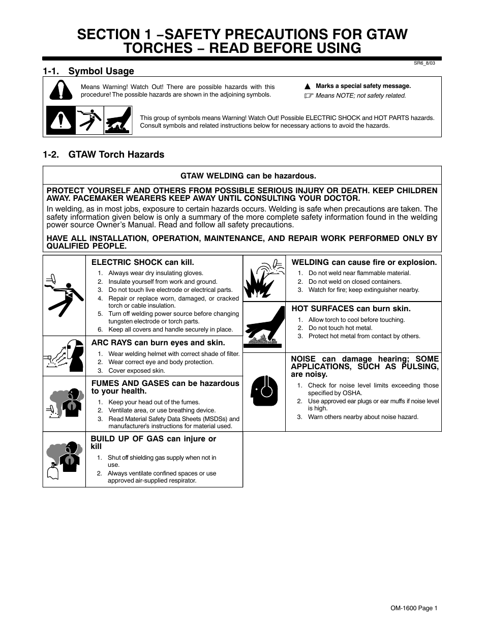 1. symbol usage, 2. gtaw torch hazards | Miller Electric DB1712RDI25 User Manual | Page 5 / 24