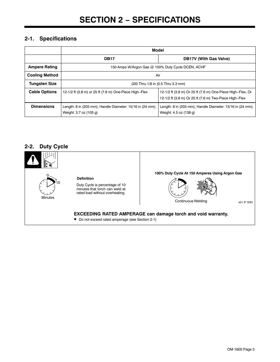 Section 2 − specifications, 1. specifications, 2. duty cycle | Miller Electric DB1712RDI25 User Manual | Page 7 / 24