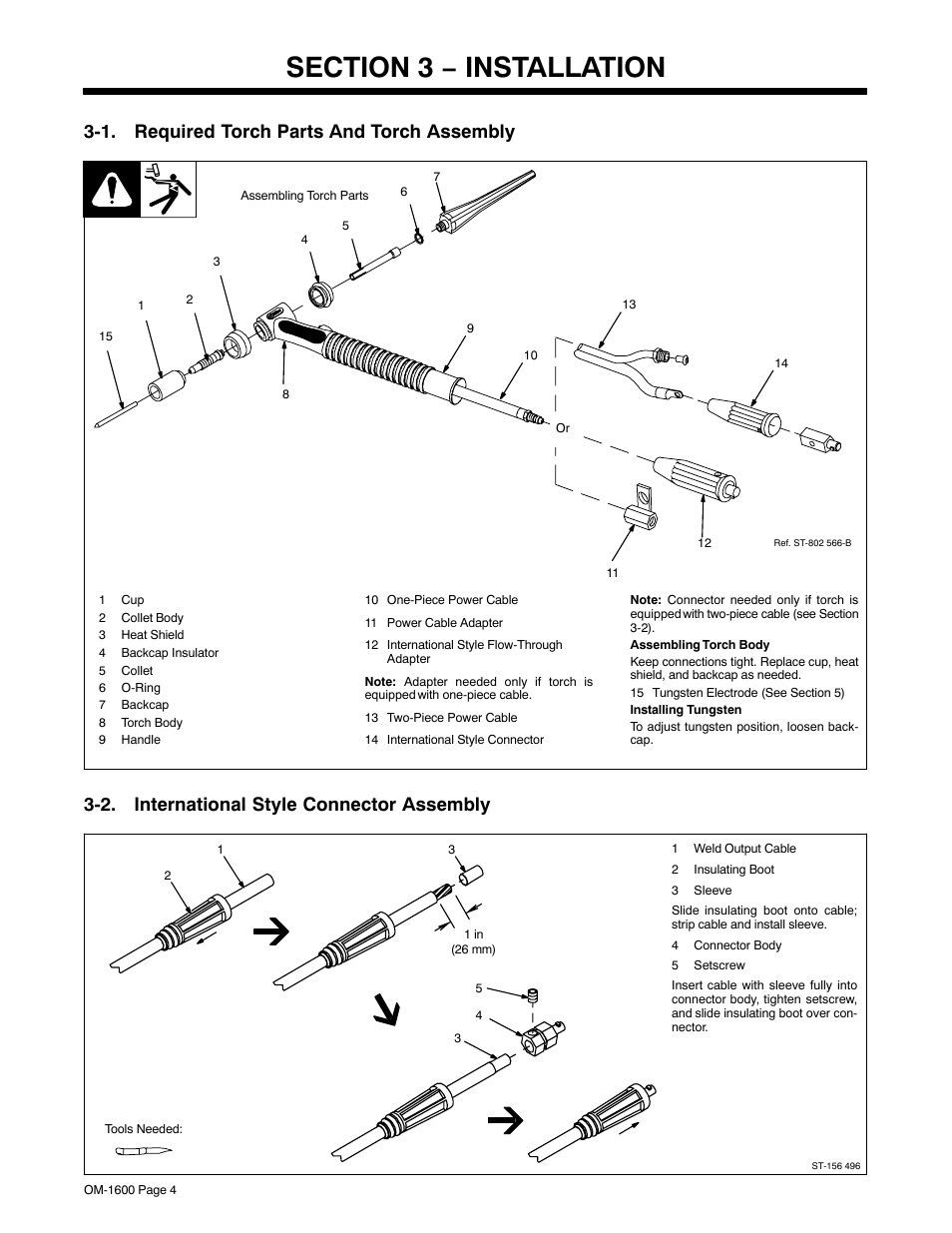 Section 3 − installation, 1. required torch parts and torch assembly, 2. international style connector assembly | Miller Electric DB1712RDI25 User Manual | Page 8 / 24