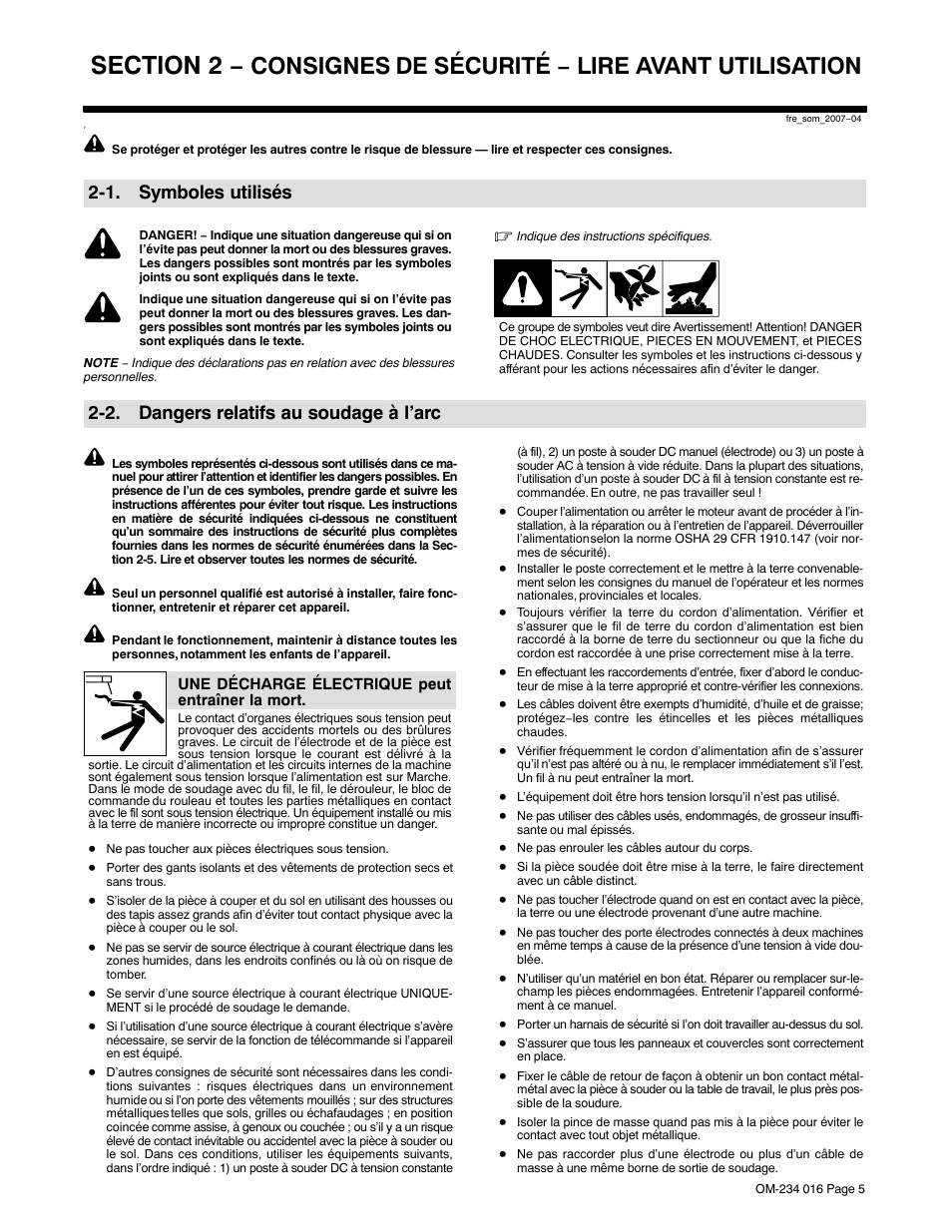 1. symboles utilisés, 2. dangers relatifs au soudage à l’arc, Consignes de sécurité − lire avant utilisation | Miller Electric OM-234 016D User Manual | Page 14 / 52