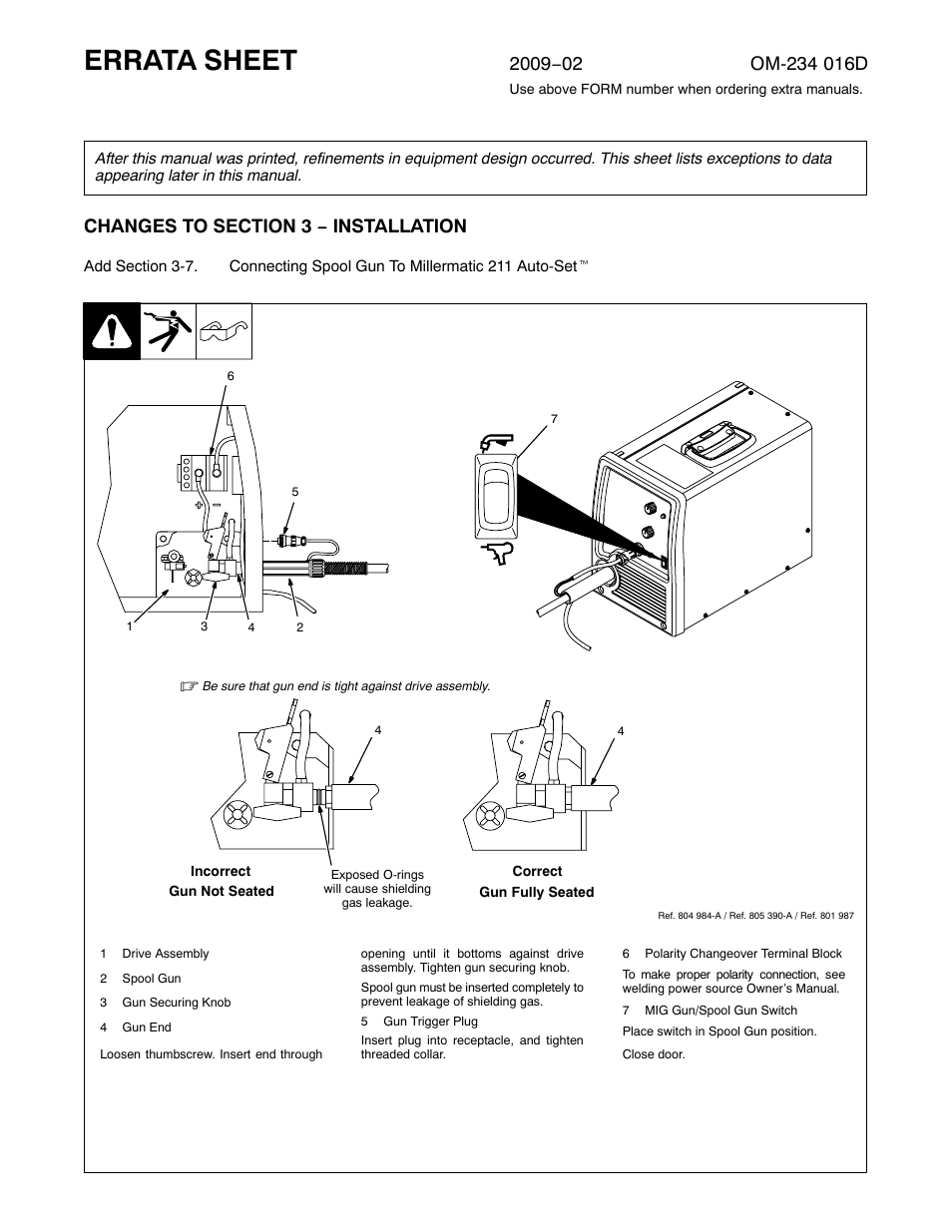 Errata sheet | Miller Electric OM-234 016D User Manual | Page 5 / 52