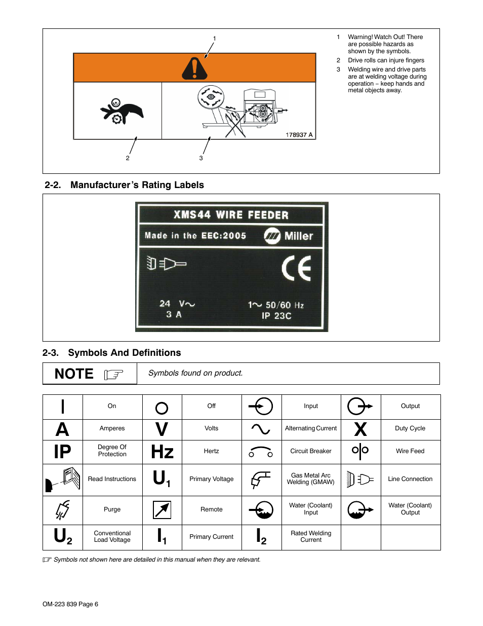 2. manufacturer’s rating labels, 3. symbols and definitions | Miller Electric XMS 44 User Manual | Page 10 / 32